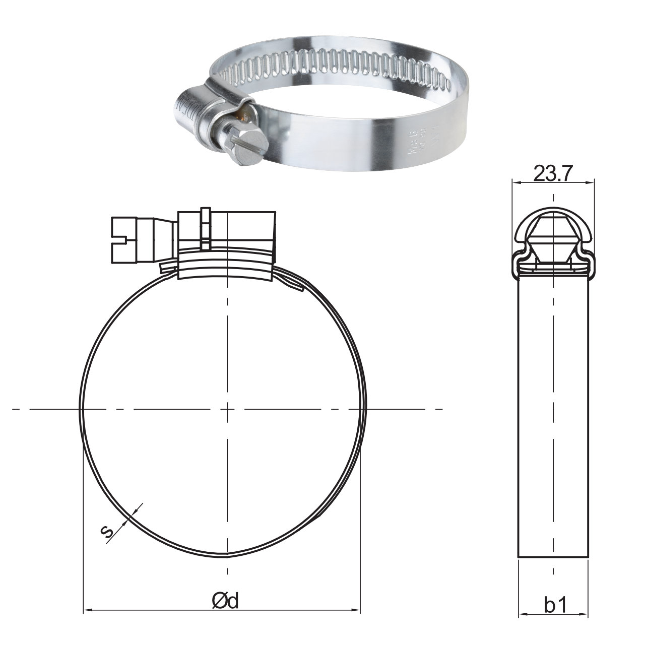 Schlauchschelle mit 060 - 080 mm Spannbereich, 20 mm Bandbreite, W1 Stahl verzinkt